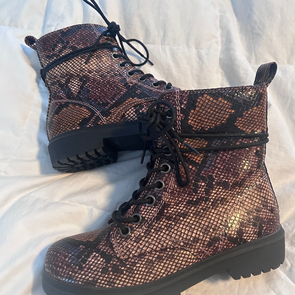Brown Snake Print Combat Boots